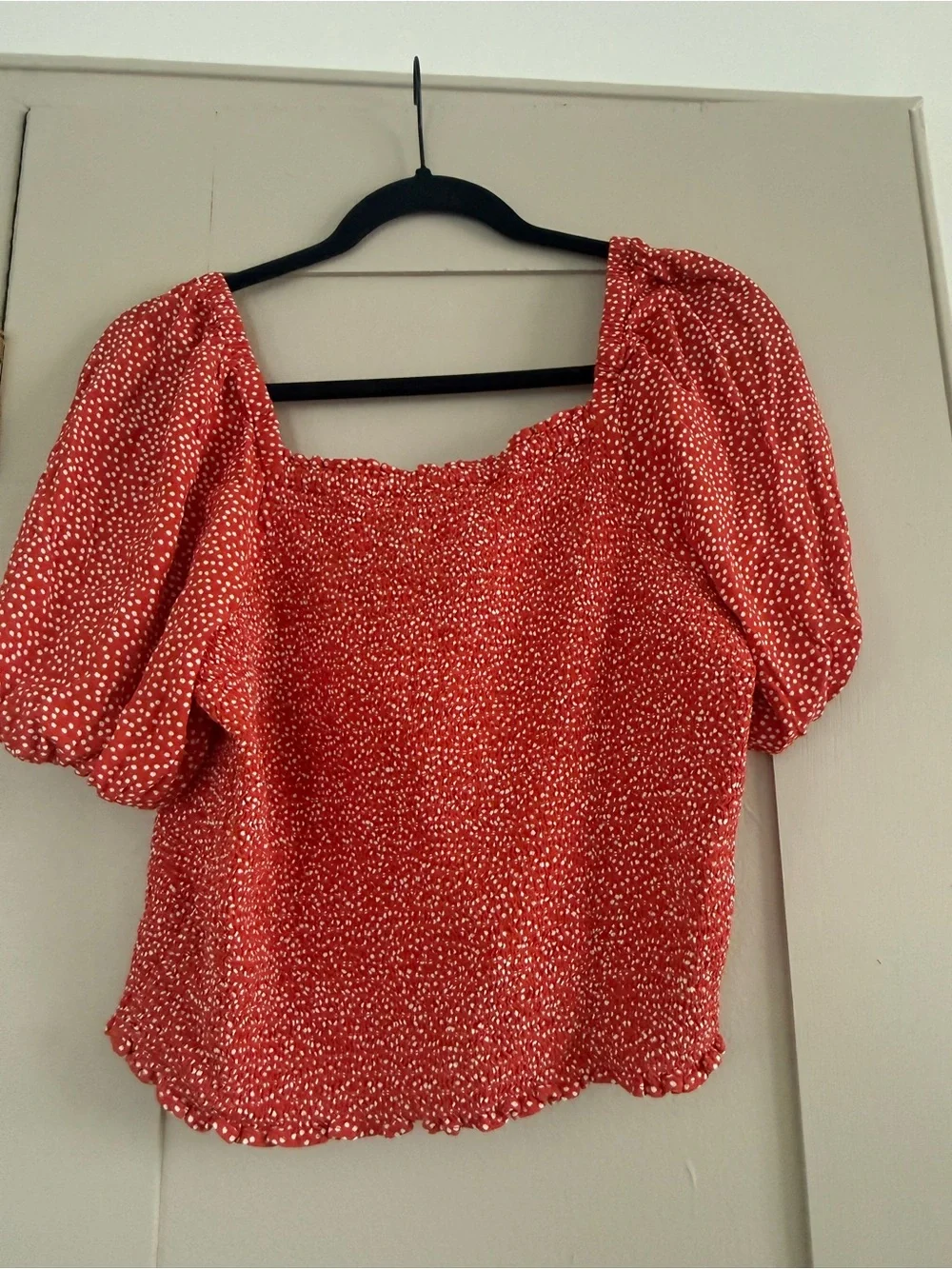 LOFT Red Puff Sleeve Square Neck Blouse with White Dot Print
